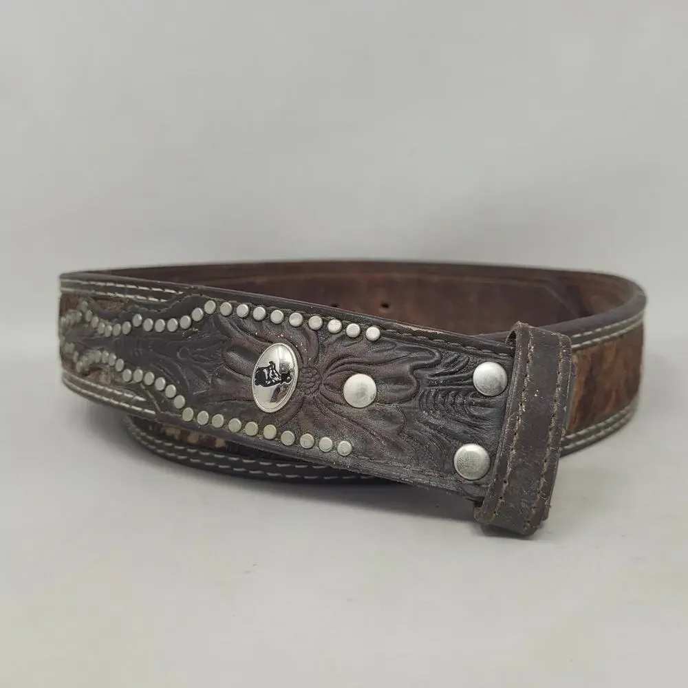 Larry Mahan Belt 36 Brown Leather‎ Cow Hair Studded Tooled Western Cowboy Rodeo